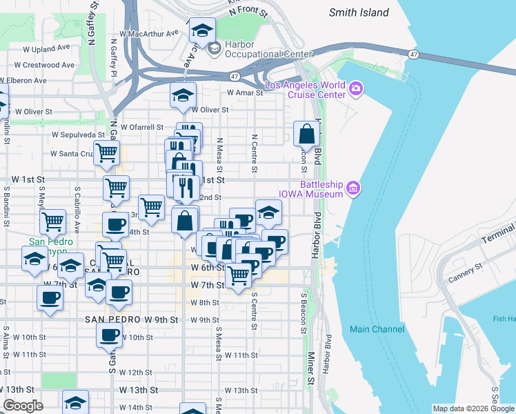 map of restaurants, bars, coffee shops, grocery stores, and more near 216 South Centre Street in Los Angeles