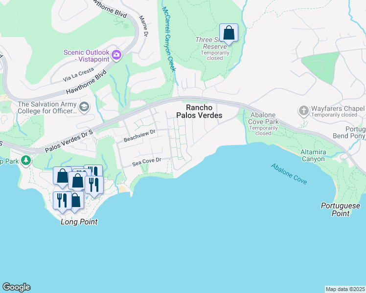 map of restaurants, bars, coffee shops, grocery stores, and more near 32679 Seagate Drive in Rancho Palos Verdes