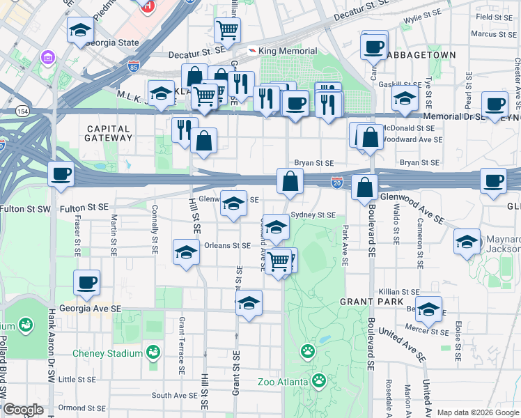 map of restaurants, bars, coffee shops, grocery stores, and more near 465 Oakland Avenue Southeast in Atlanta