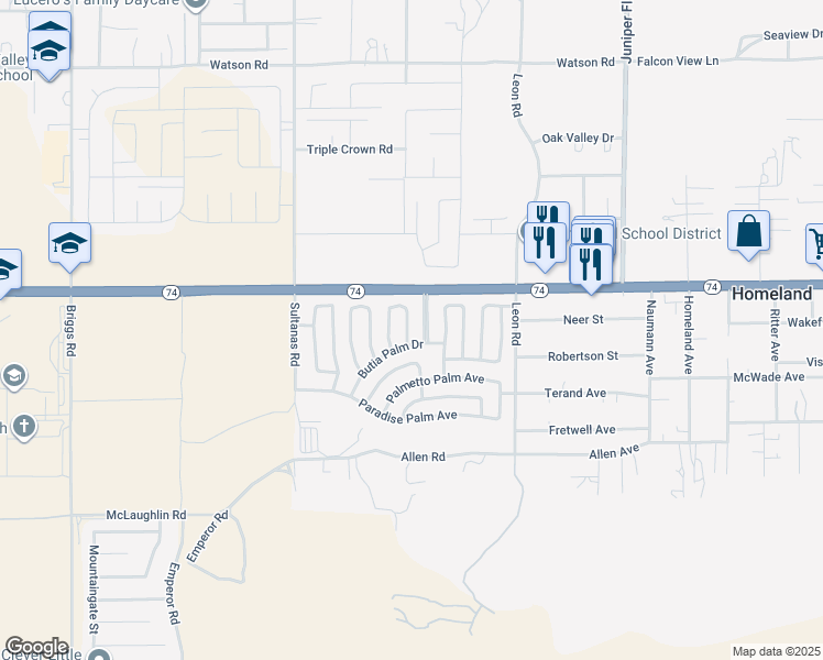 map of restaurants, bars, coffee shops, grocery stores, and more near 26092 Bamboo Palm Drive in Homeland