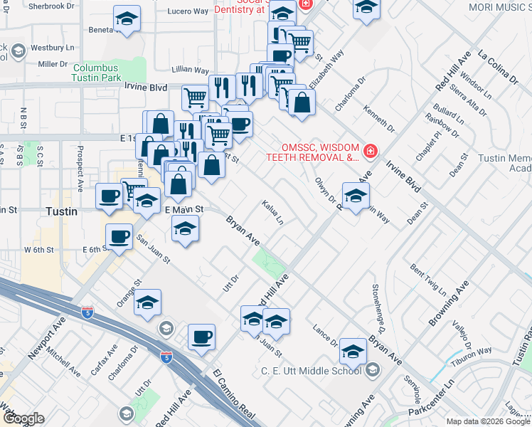 map of restaurants, bars, coffee shops, grocery stores, and more near 13372 Charloma Drive in Tustin
