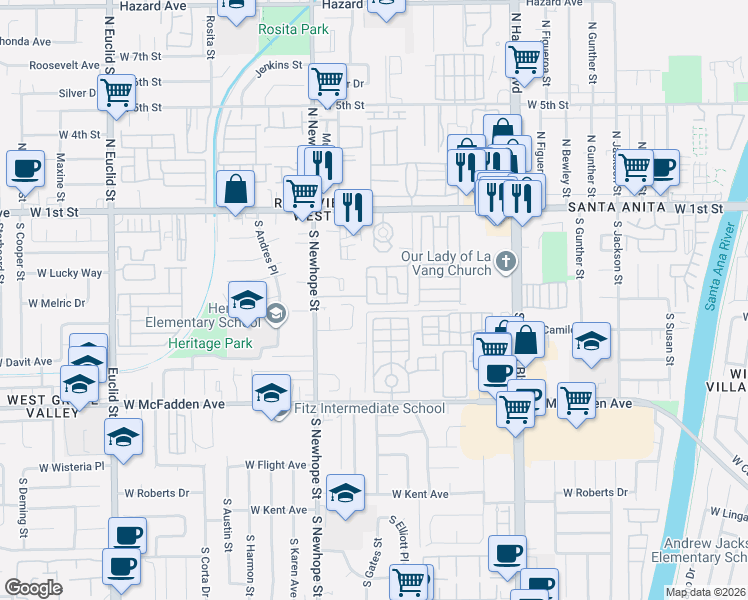 map of restaurants, bars, coffee shops, grocery stores, and more near 313 Brewster Common in Santa Ana