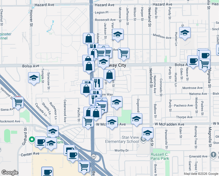 map of restaurants, bars, coffee shops, grocery stores, and more near 15162 Jackson Street in Midway City