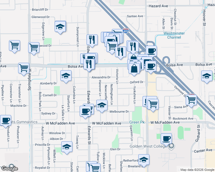 map of restaurants, bars, coffee shops, grocery stores, and more near 6661 Oxford Drive in Huntington Beach