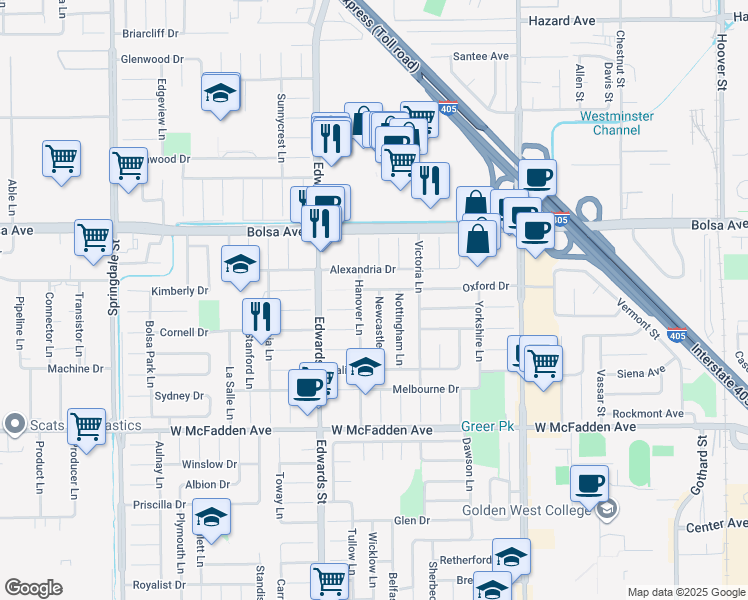 map of restaurants, bars, coffee shops, grocery stores, and more near 6571 Oxford Drive in Huntington Beach