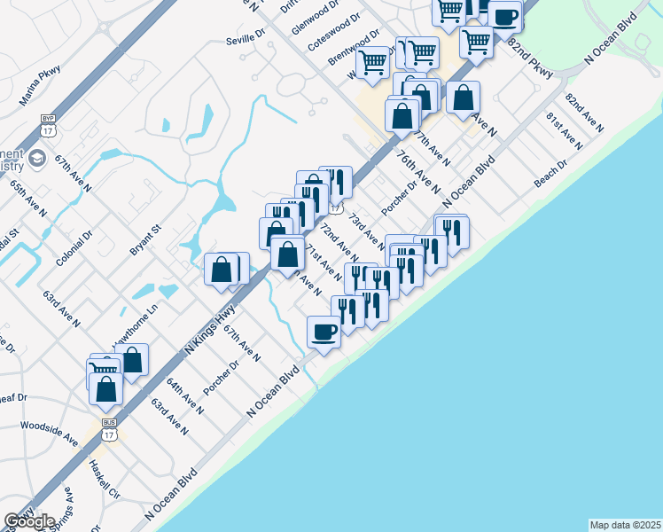 map of restaurants, bars, coffee shops, grocery stores, and more near 712 Saw Grass Villas in Myrtle Beach