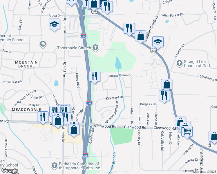 map of restaurants, bars, coffee shops, grocery stores, and more near 1779 Gretna Green Way in Decatur