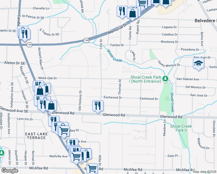 map of restaurants, bars, coffee shops, grocery stores, and more near 2721 White Oak Drive in Decatur