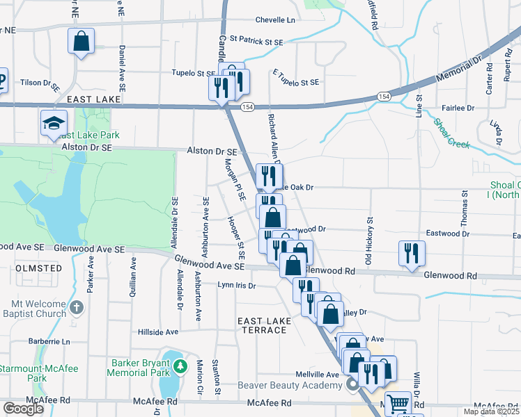 map of restaurants, bars, coffee shops, grocery stores, and more near 1683 Candler Road in Decatur