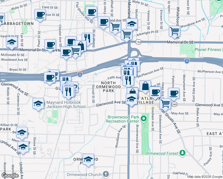 map of restaurants, bars, coffee shops, grocery stores, and more near 1085 Sanders Avenue Southeast in Atlanta