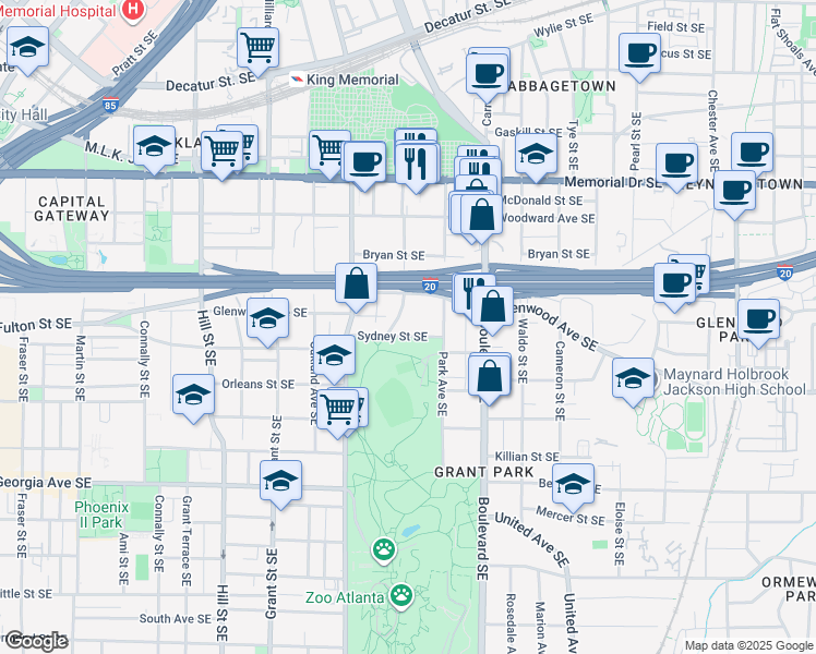 map of restaurants, bars, coffee shops, grocery stores, and more near 505 Glenwood Avenue Southeast in Atlanta