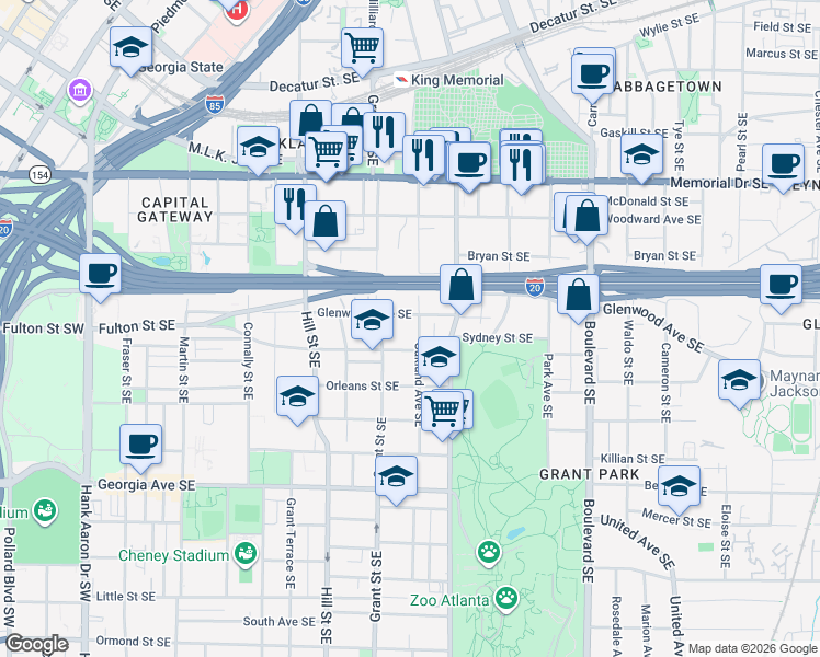 map of restaurants, bars, coffee shops, grocery stores, and more near 465 Oakland Avenue Southeast in Atlanta