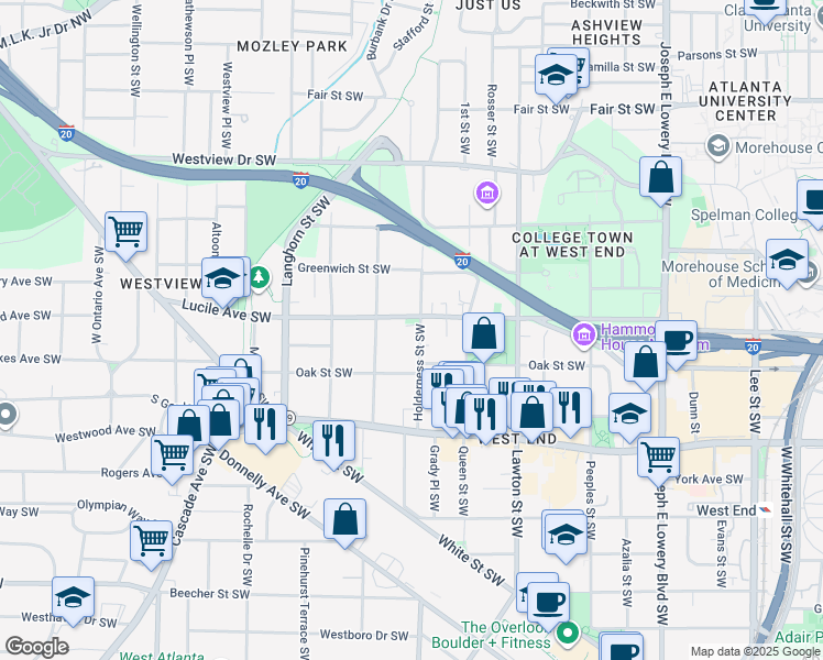 map of restaurants, bars, coffee shops, grocery stores, and more near 457 Holderness Street Southwest in Atlanta
