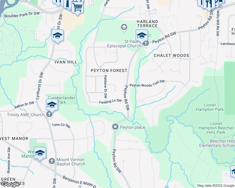map of restaurants, bars, coffee shops, grocery stores, and more near 2816 Monica Court Southwest in Atlanta