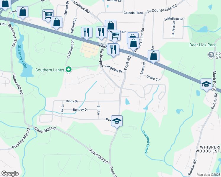 map of restaurants, bars, coffee shops, grocery stores, and more near 3133 West Point Circle in Douglasville