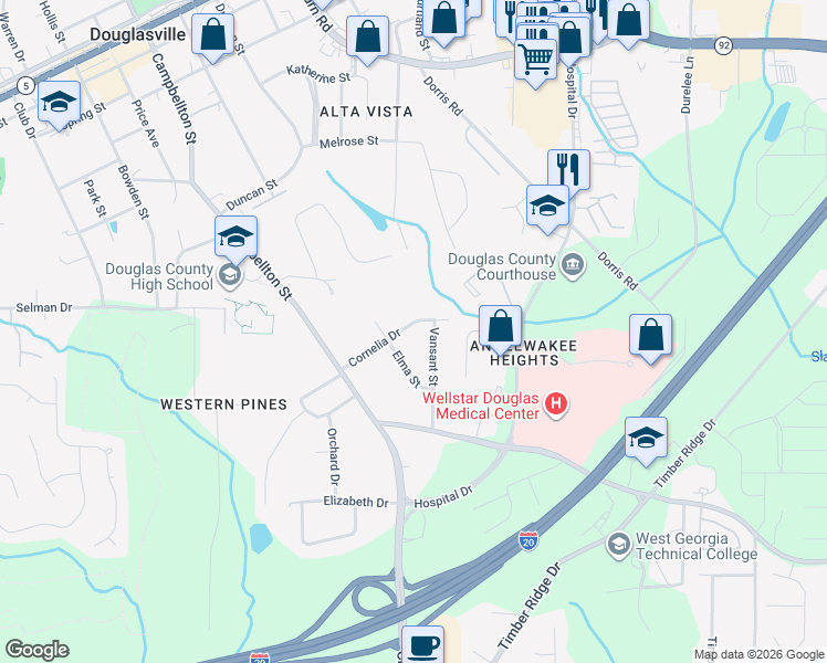 map of restaurants, bars, coffee shops, grocery stores, and more near 6292 Cornelia Drive in Douglasville