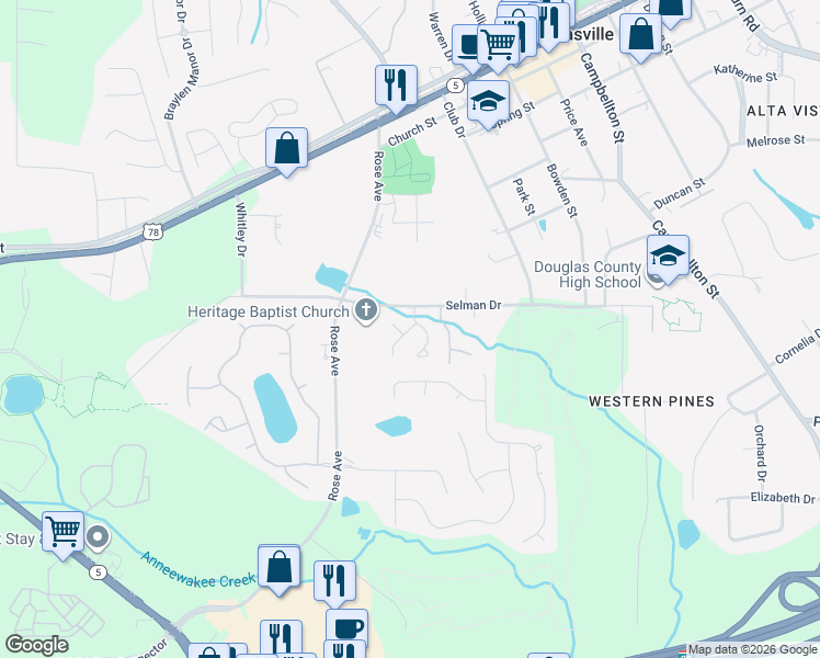 map of restaurants, bars, coffee shops, grocery stores, and more near 6857 Selman Drive in Douglasville