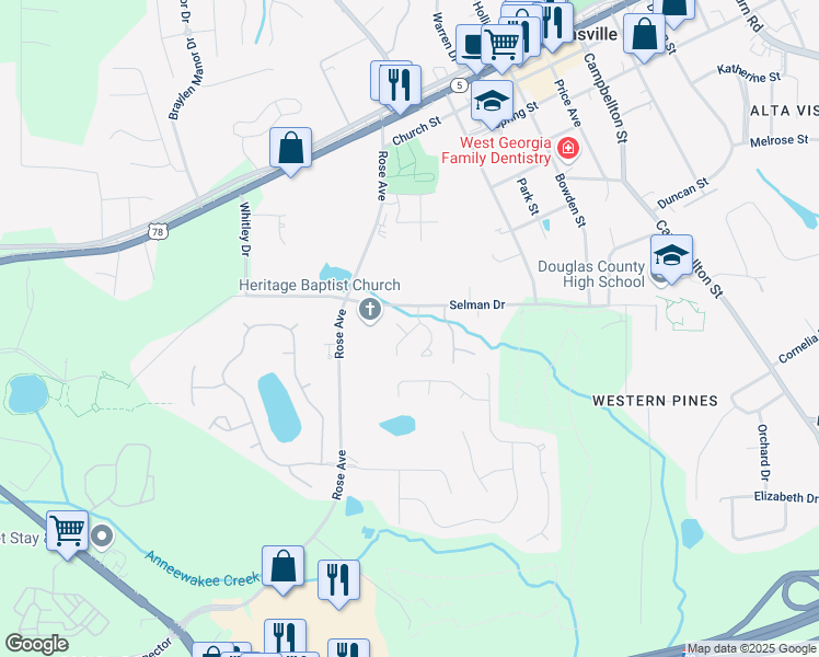 map of restaurants, bars, coffee shops, grocery stores, and more near 6857 Selman Drive in Douglasville