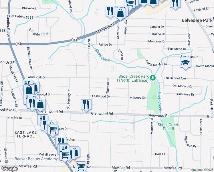 map of restaurants, bars, coffee shops, grocery stores, and more near 1695 Thomas Street in Decatur