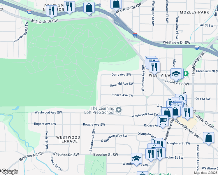 map of restaurants, bars, coffee shops, grocery stores, and more near 1740 Emerald Avenue Southwest in Atlanta
