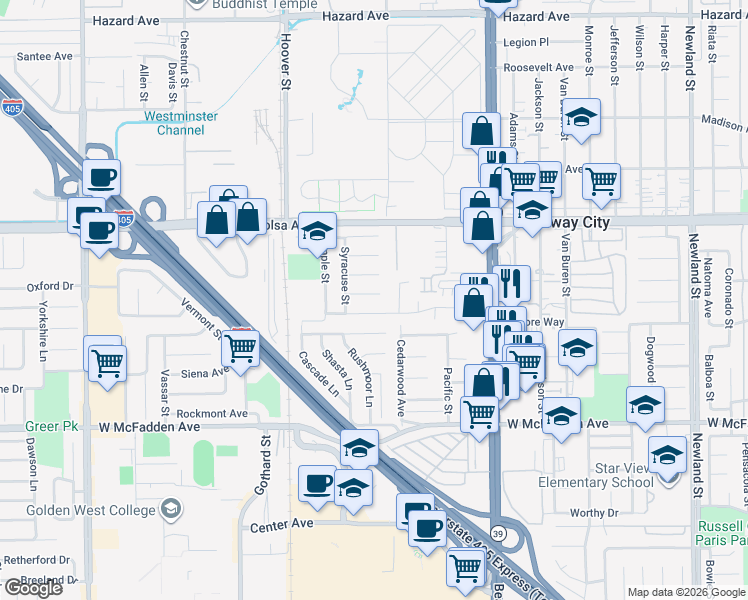map of restaurants, bars, coffee shops, grocery stores, and more near 7712 Concordia Place in Westminster