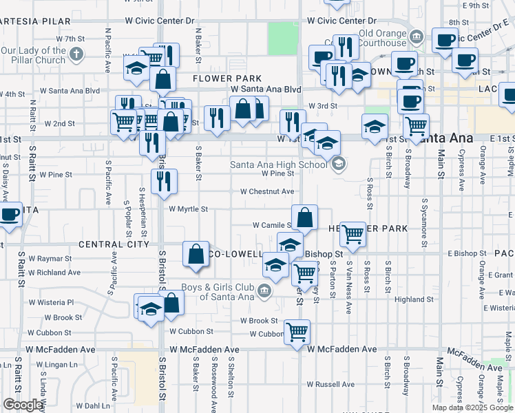 map of restaurants, bars, coffee shops, grocery stores, and more near 1011 West Myrtle Street in Santa Ana