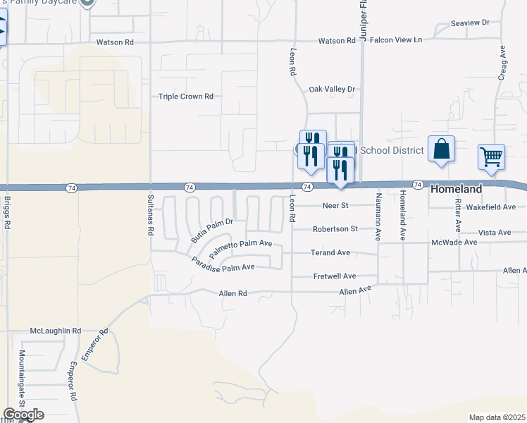 map of restaurants, bars, coffee shops, grocery stores, and more near 26090 Ivory Palm Drive in Homeland