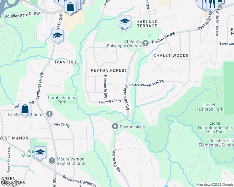 map of restaurants, bars, coffee shops, grocery stores, and more near 2816 Monica Court Southwest in Atlanta