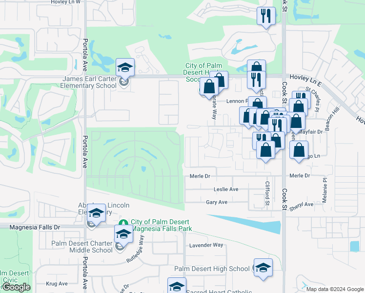 map of restaurants, bars, coffee shops, grocery stores, and more near 74522 Azurite Circle East in Palm Desert