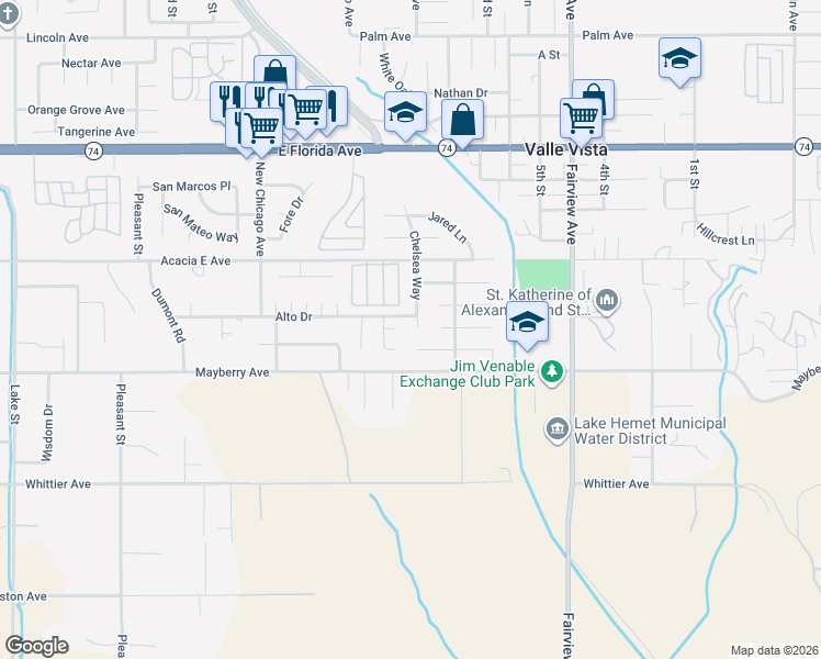 map of restaurants, bars, coffee shops, grocery stores, and more near 26175 Chelsea Way in Hemet