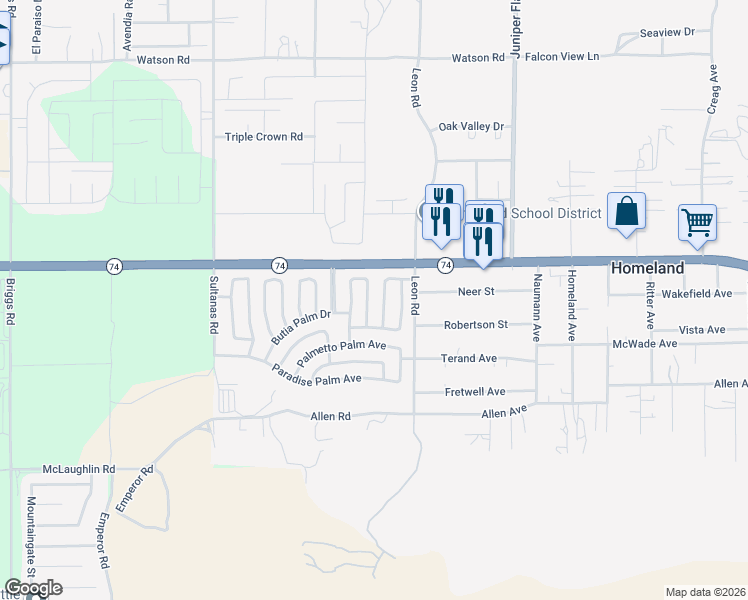 map of restaurants, bars, coffee shops, grocery stores, and more near 26090 Ivory Palm Drive in Homeland