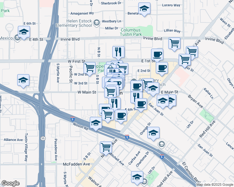 map of restaurants, bars, coffee shops, grocery stores, and more near 401 El Camino Real in Tustin