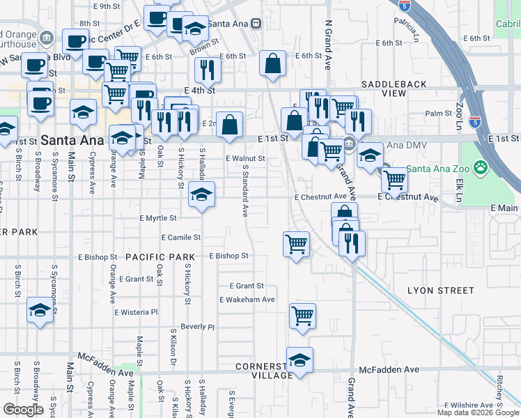 map of restaurants, bars, coffee shops, grocery stores, and more near 911 East Chestnut Avenue in Santa Ana