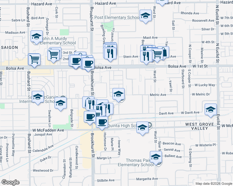 map of restaurants, bars, coffee shops, grocery stores, and more near 10200 Bolsa Avenue in Westminster