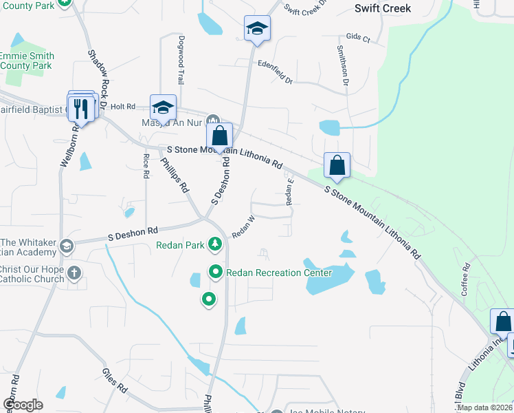 map of restaurants, bars, coffee shops, grocery stores, and more near 6297 Redan Square in Lithonia