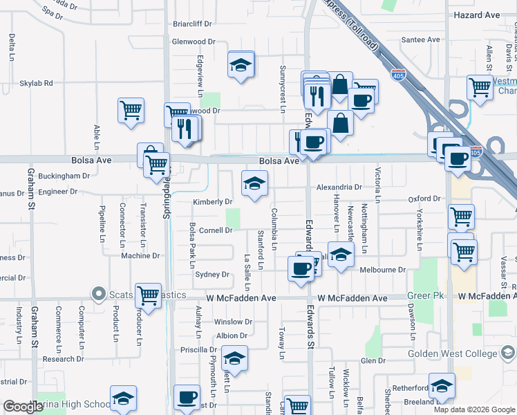 map of restaurants, bars, coffee shops, grocery stores, and more near 15151 Columbia Lane in Huntington Beach