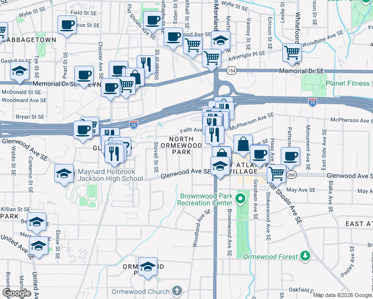map of restaurants, bars, coffee shops, grocery stores, and more near 1085 Sanders Avenue Southeast in Atlanta