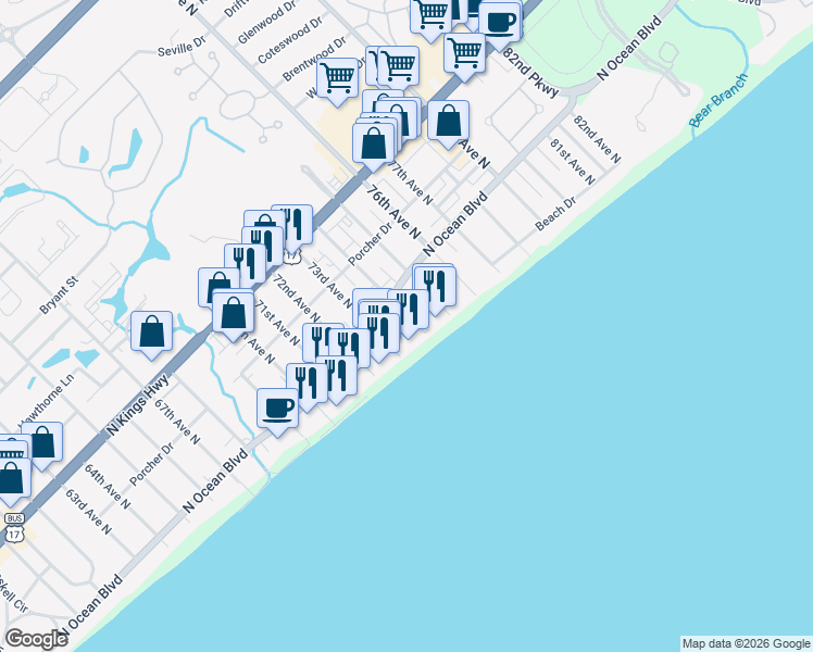 map of restaurants, bars, coffee shops, grocery stores, and more near 208 74th Avenue North in Myrtle Beach