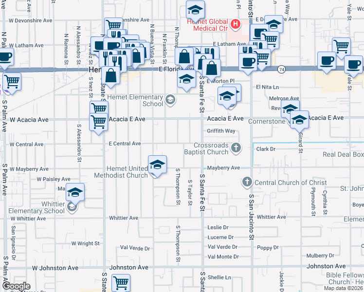 map of restaurants, bars, coffee shops, grocery stores, and more near 715 East Central Avenue in Hemet