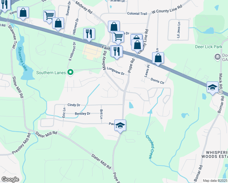 map of restaurants, bars, coffee shops, grocery stores, and more near 3133 West Point Circle in Douglasville