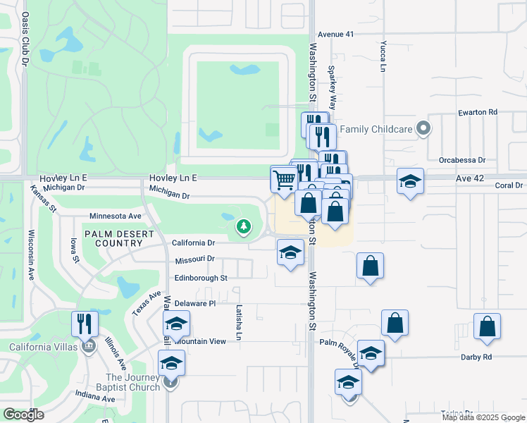 map of restaurants, bars, coffee shops, grocery stores, and more near 77815 Michigan Drive in Palm Desert