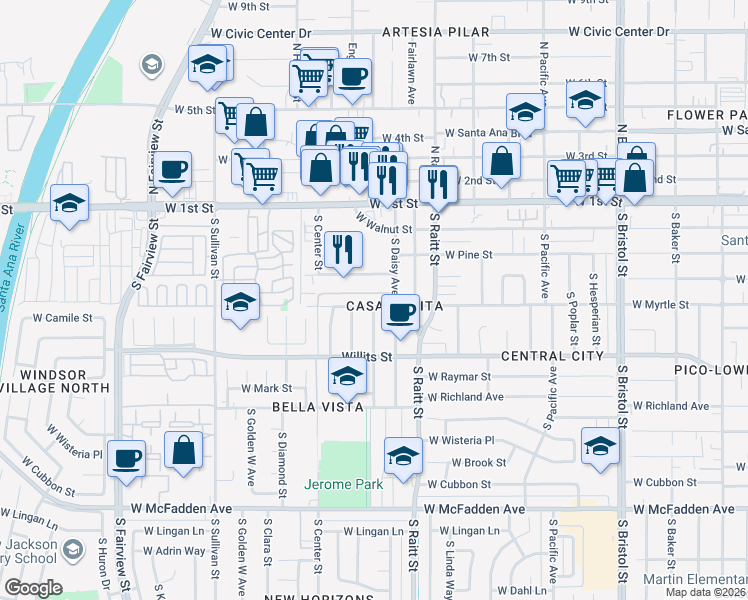 map of restaurants, bars, coffee shops, grocery stores, and more near 1918 West Chestnut Avenue in Santa Ana
