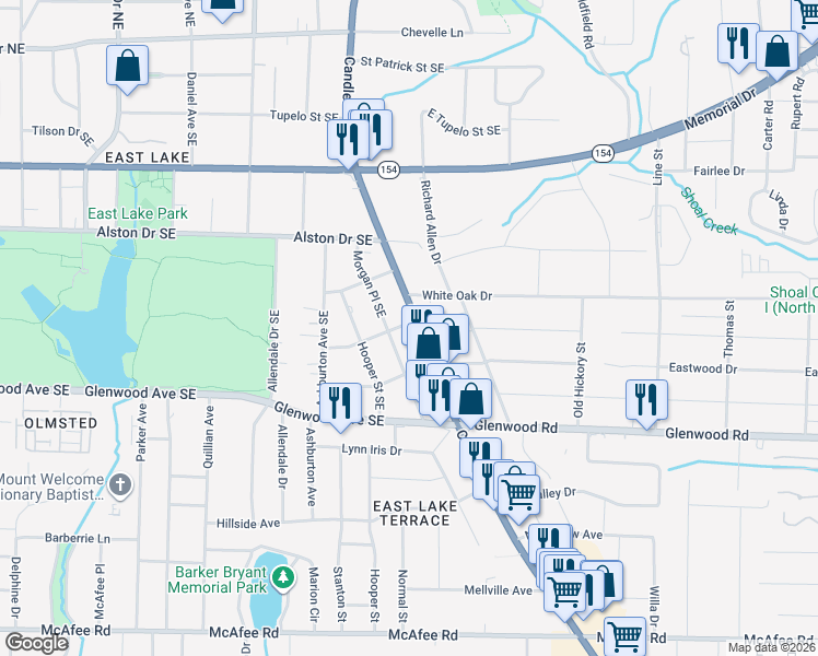 map of restaurants, bars, coffee shops, grocery stores, and more near 364 Candler Road Southeast in Atlanta