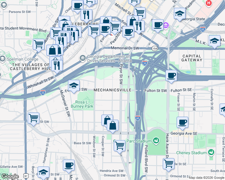 map of restaurants, bars, coffee shops, grocery stores, and more near Fulton Street Southwest & Formwalt Street Southwest in Atlanta