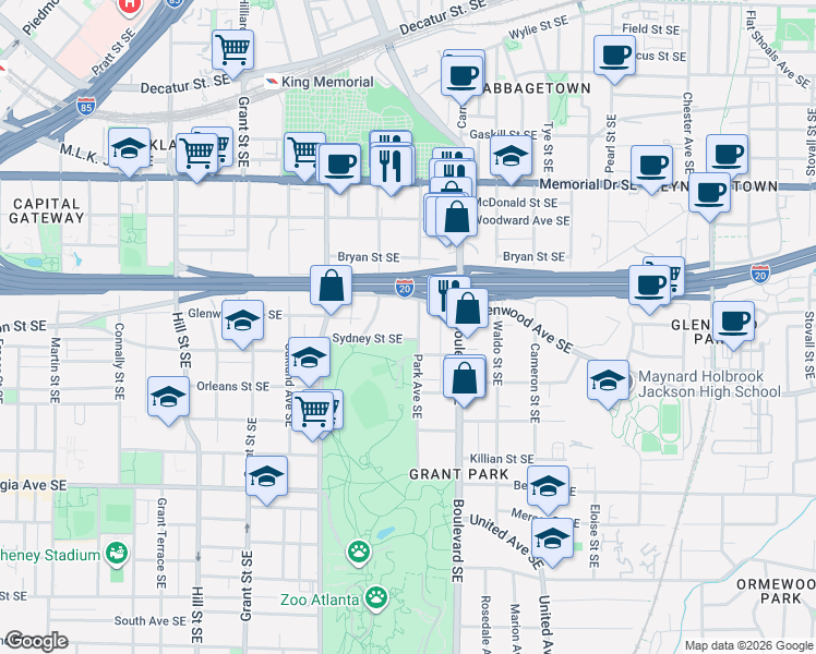 map of restaurants, bars, coffee shops, grocery stores, and more near 505 Glenwood Avenue Southeast in Atlanta