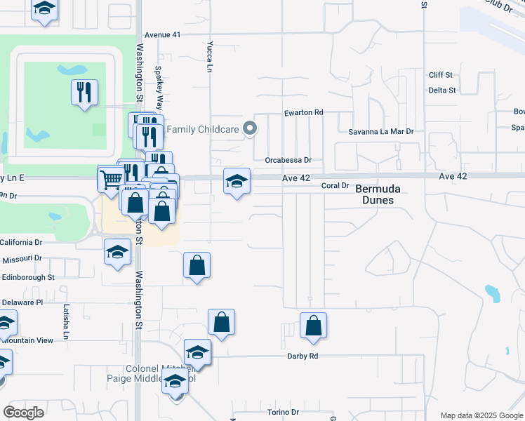 map of restaurants, bars, coffee shops, grocery stores, and more near 78421 Hope Bay Road in Bermuda Dunes