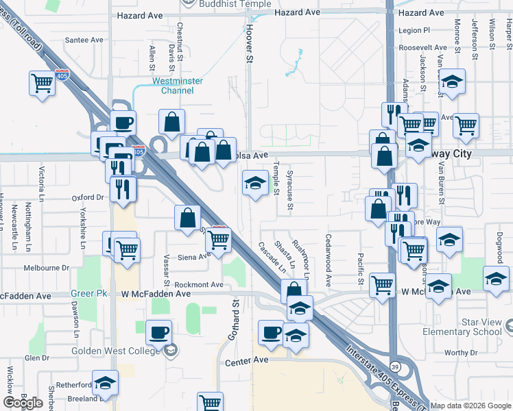 map of restaurants, bars, coffee shops, grocery stores, and more near 15151 Temple Street in Westminster