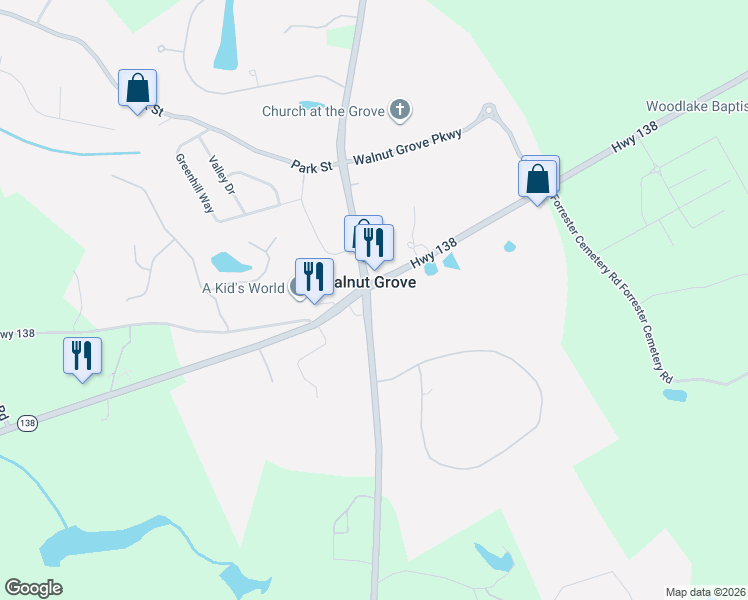 map of restaurants, bars, coffee shops, grocery stores, and more near 1729 Georgia 138 in Walnut Grove