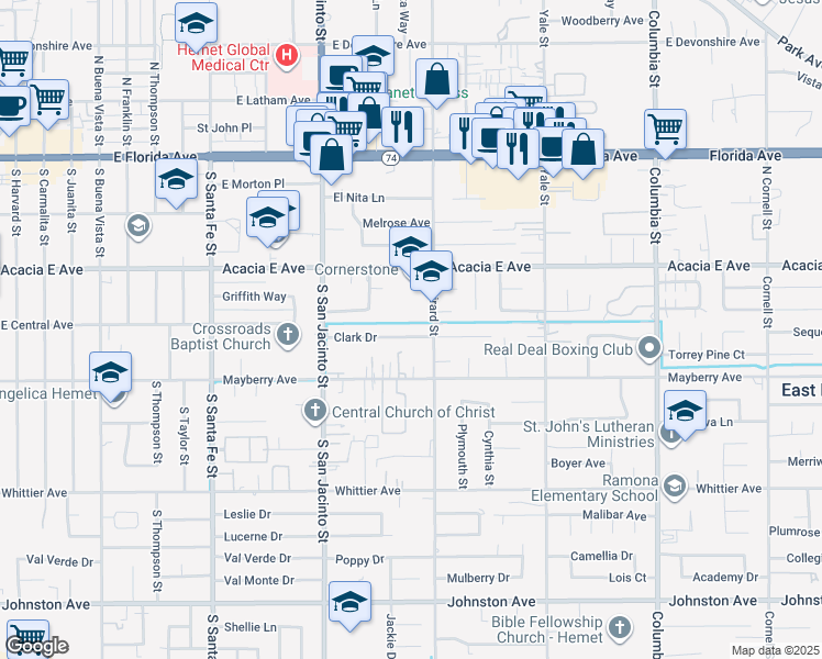 map of restaurants, bars, coffee shops, grocery stores, and more near 40448 Clark Drive in Hemet