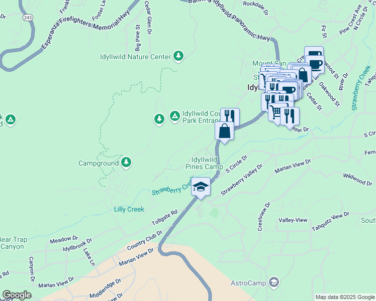 map of restaurants, bars, coffee shops, grocery stores, and more near 53845 Pine Crest Avenue in Idyllwild-Pine Cove